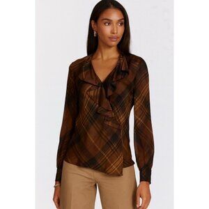 NEW! Lauren Ralph Lauren 100% Silk Wrap Blouse Plaid V-neck Ruffles Brown SZ 10